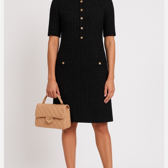 AUTHENTIC CHANEL BLACK DRESS W/GOLD TONE KNIT STRETCHY DRESS - BEAUTIFUL, CLASSY - Picture 11 of 13